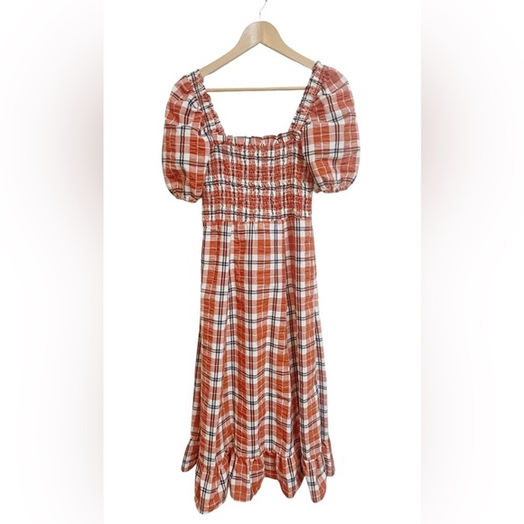 Fall Plaid Dress Smocked Bohemian Maxi Dress Orange Navy Combo Size M - Picture 2 of 11